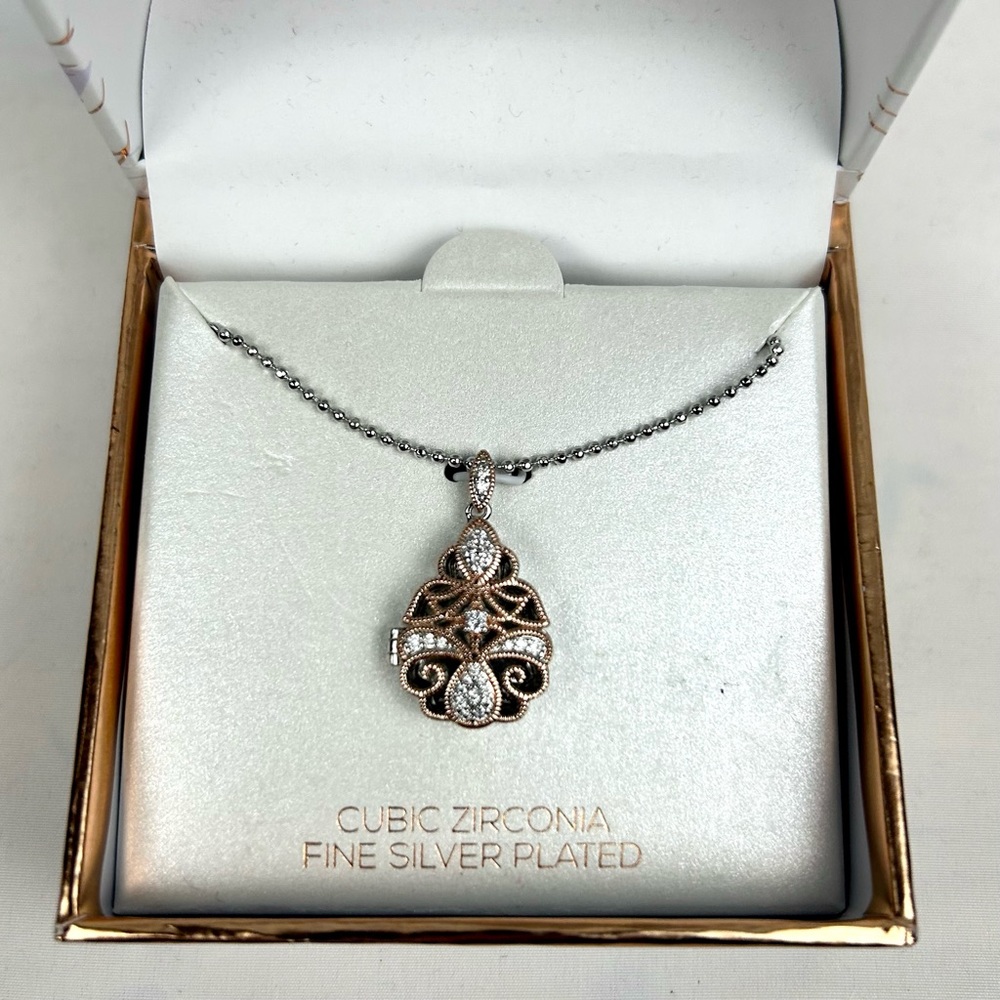 Lily & Lace Fine Silver Plates Cubic Zirconia Locket Necklace